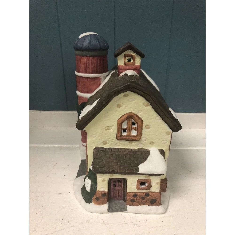 Ceramic Christmas Village Small Barn with Red Silo Snowy Accents 6.5